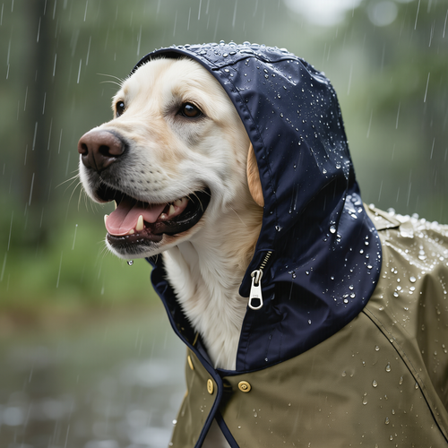 Nahaufnahme der dunkelblauen Kapuze des Rainmate Regencapes mit Kordelzug und Regentropfen