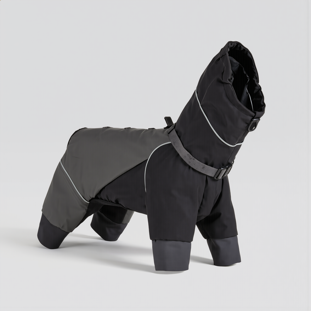 Mudmate Hunde Regenoverall in Nachtschwarz mit Kapuze, Halsgurt und reflektierenden Streifen