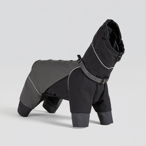 Mudmate Hunde Regenoverall in Nachtschwarz mit Kapuze, Halsgurt und reflektierenden Streifen