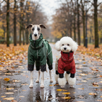 Whippet und Pudel im Hunde Regenoverall bei Nieselregen, Bauch und Beine geschützt