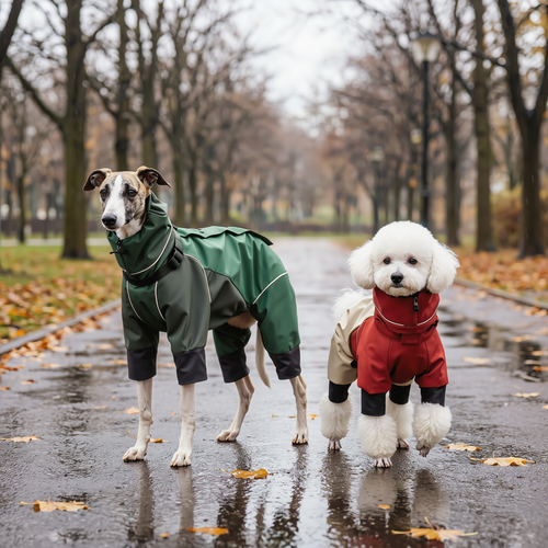 Zwei Hunde im Mudmate Regenoverall mit vier Beinen auf nassem Herbstweg im Park