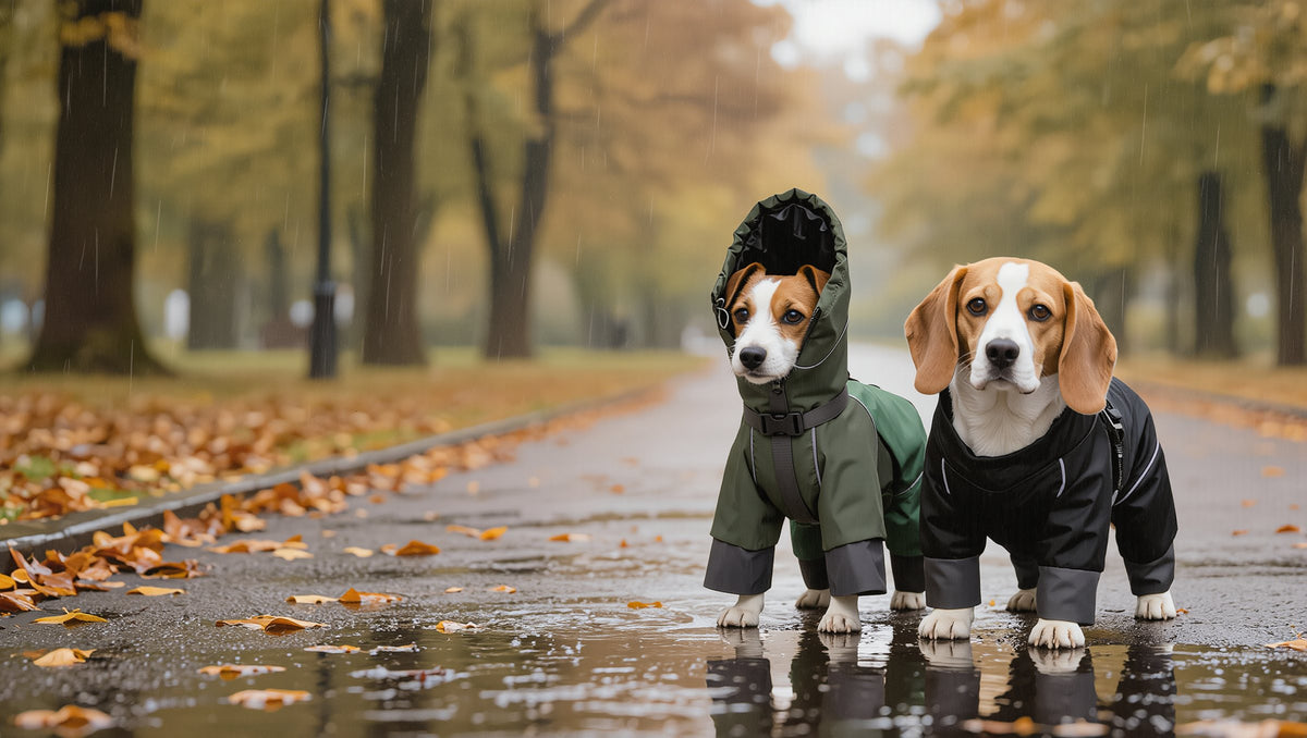 Jack Russell Terrier im grünen und Beagle im schwarzen Hunde-Regenoverall mit vier Beinen auf einem nassen Herbstweg im Park